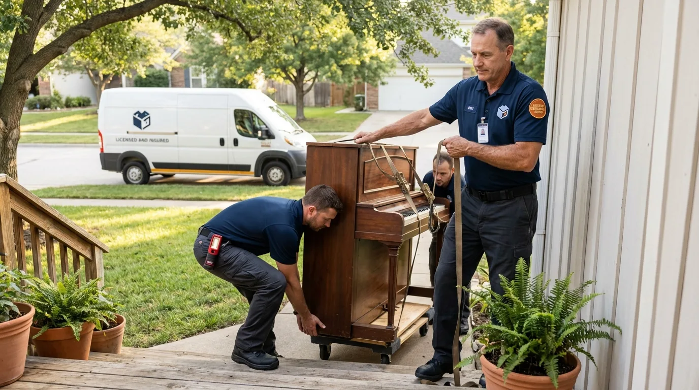 Licensed piano movers securing grand piano in Seymour, IN