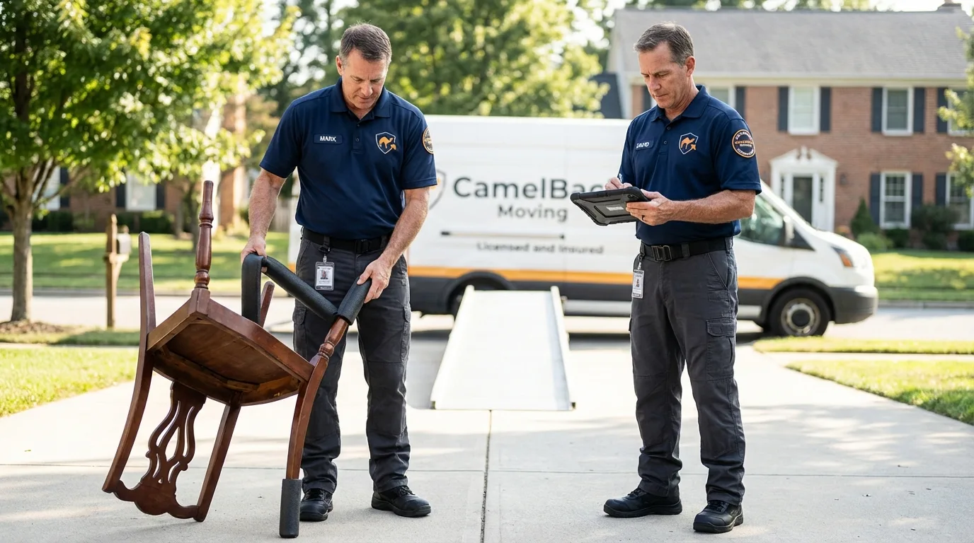 Movers inspecting furniture for damage prevention before loading in Seymour, IN