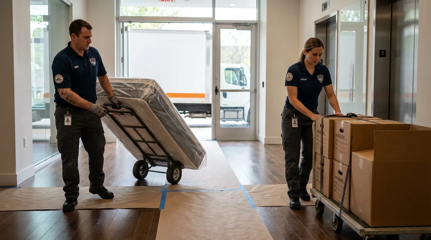 Professional apartment movers loading elevator in Seymour, IN