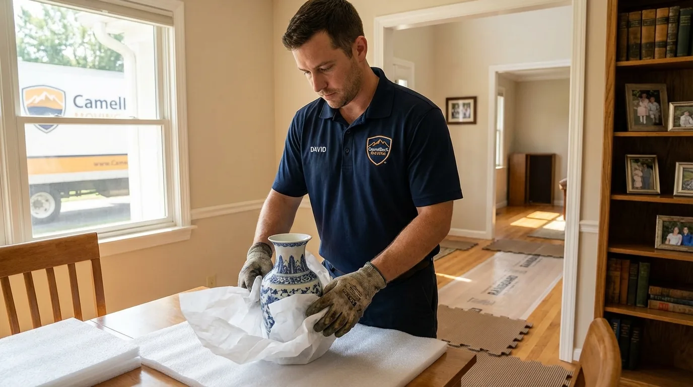 Professional crew carefully wrapping antique vase for senior downsizing move in Seymour, IN